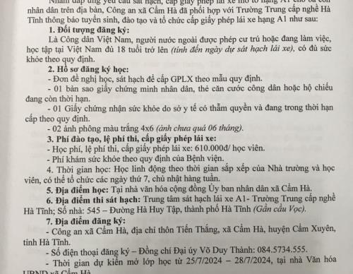 THÔNG BÁO TUYỂN SINH ĐÀO TẠO SÁT HẠCH CẤP GIẤY PHÉP LÁI XE HẠNG A1  CỦA CÔNG AN XÃ CẨM HÀ